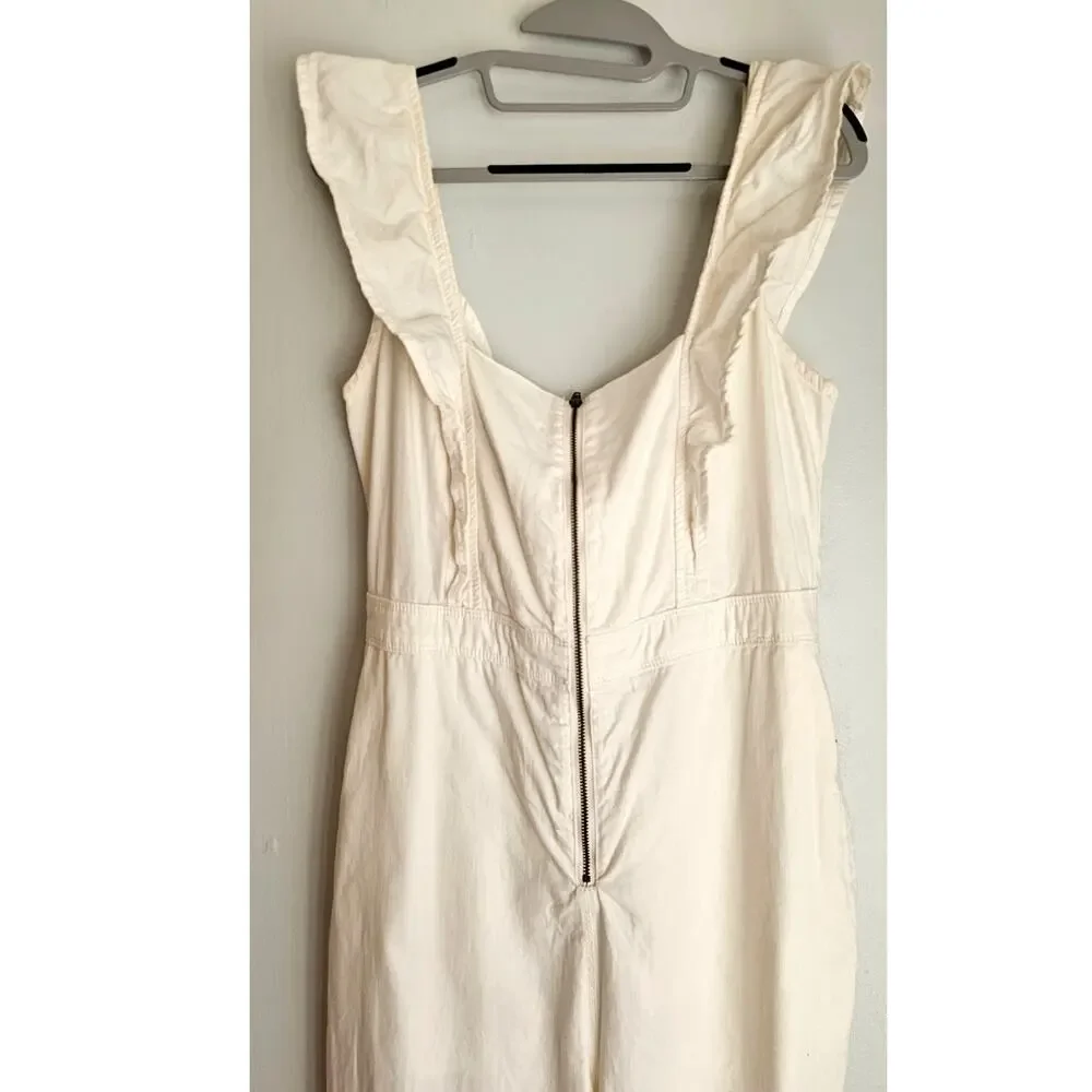 Free People Sun Valley Jumpsuit Overalls Wide Leg Ruffle Strap Ivory Womens Sz 6 - Picture 8 of 8